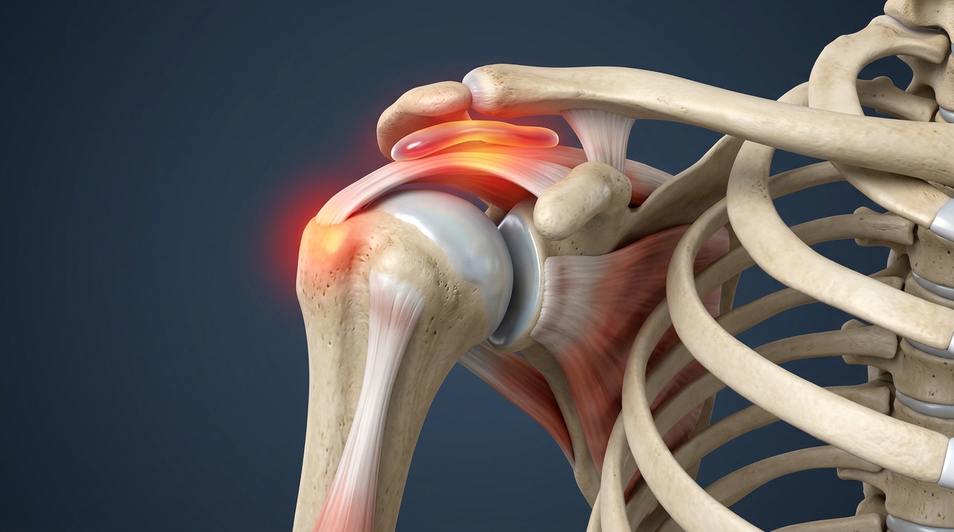 Detaljerad bild av supraspinatussenans infästning på tuberculum majus med markerad rupturzon